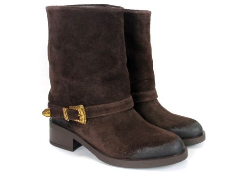 Botine damă Camilla Roversi maro închis din piele întoarsă cu cataramă aurie