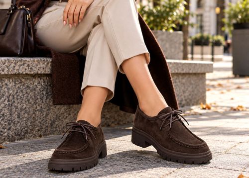 Francesca Morelli – pantofi loafer de damă din piele întoarsă naturală maro închis bitter