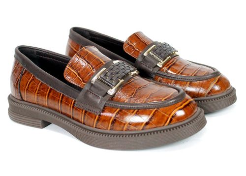 Terra Classica – mocasini de damă din piele naturală cu imprimeu croco, maro deschis