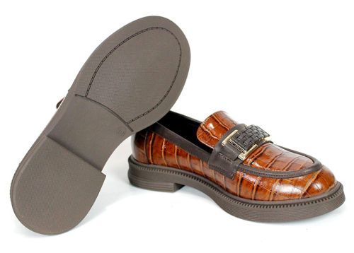Terra Classica – mocasini de damă din piele naturală cu imprimeu croco, maro deschis