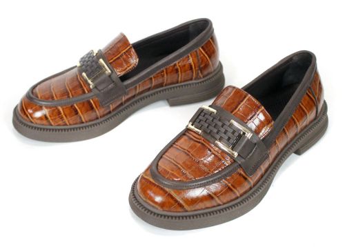 Terra Classica – mocasini de damă din piele naturală cu imprimeu croco, maro deschis