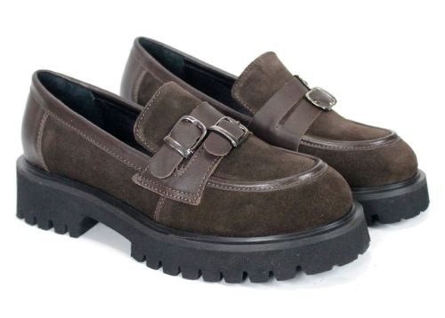 Mira Belle – mocasini de damă din piele întoarsă și piele naturală, maro închis