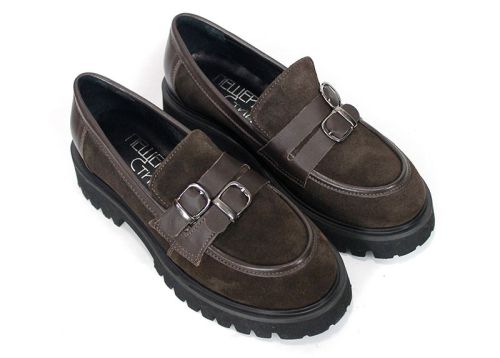 Mira Belle – mocasini de damă din piele întoarsă și piele naturală, maro închis