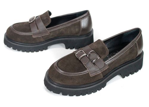 Mira Belle – mocasini de damă din piele întoarsă și piele naturală, maro închis
