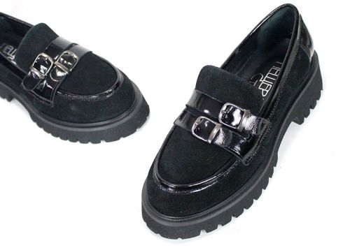 Mira Belle – mocasini de damă din piele întoarsă și piele naturală, negri