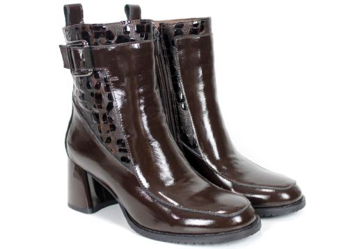 Botine damă din piele naturală lăcuită maro închis Marcella Vitale