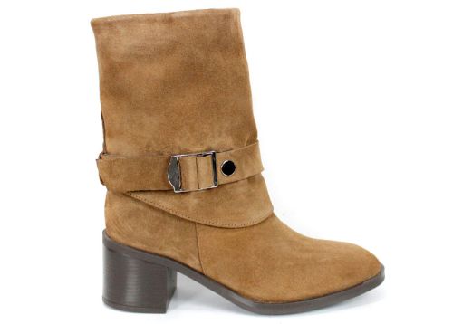 Botine damă Claudia Venturi din piele întoarsă naturală maro deschis cu toc gros