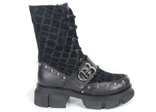 Bocanci damă punk din piele naturală și piele întoarsă cu efect crocodil, negri Vittoria Ribelle