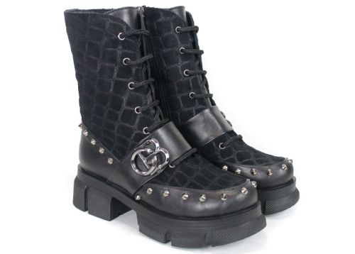 Bocanci damă punk din piele naturală și piele întoarsă cu efect crocodil, negri Vittoria Ribelle