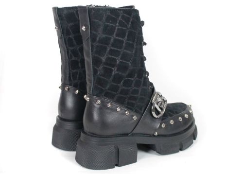 Bocanci damă punk din piele naturală și piele întoarsă cu efect crocodil, negri Vittoria Ribelle