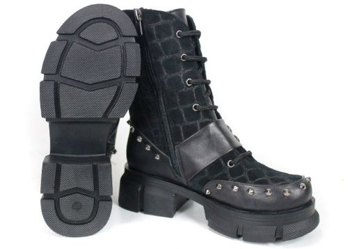 Bocanci damă punk din piele naturală și piele întoarsă cu efect crocodil, negri Vittoria Ribelle
