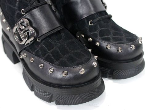 Bocanci damă punk din piele naturală și piele întoarsă cu efect crocodil, negri Vittoria Ribelle