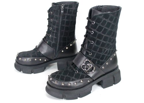 Bocanci damă punk din piele naturală și piele întoarsă cu efect crocodil, negri Vittoria Ribelle