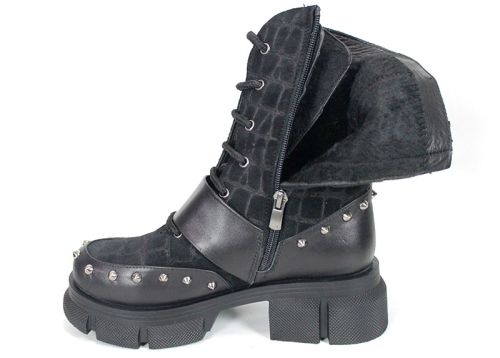Bocanci damă punk din piele naturală și piele întoarsă cu efect crocodil, negri Vittoria Ribelle