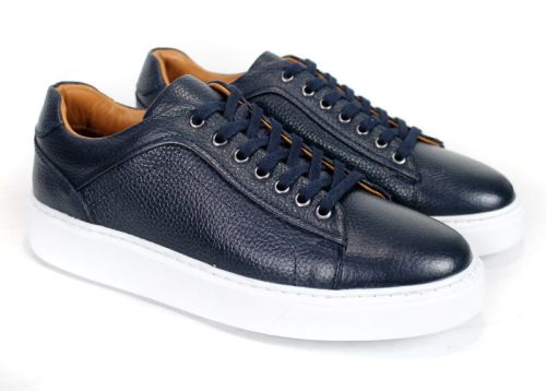 Men's Navy Blue Pebbled Leather Sneakers Matteo Valdieri