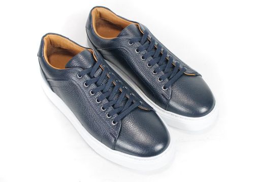 Men's Navy Blue Pebbled Leather Sneakers Matteo Valdieri