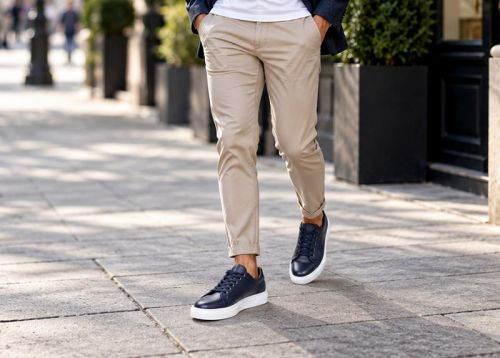 Men's Navy Blue Pebbled Leather Sneakers Matteo Valdieri