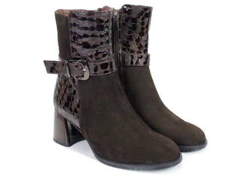 Isabella Montel – Women's Suede and Croc-Embossed Patent Leather Heeled Ankle Boots, Dark Brown