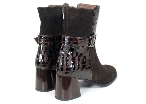 Isabella Montel – Women's Suede and Croc-Embossed Patent Leather Heeled Ankle Boots, Dark Brown
