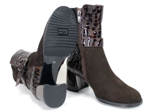 Isabella Montel – Women's Suede and Croc-Embossed Patent Leather Heeled Ankle Boots, Dark Brown