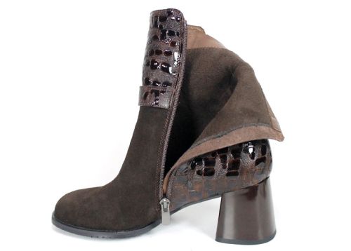Isabella Montel – Women's Suede and Croc-Embossed Patent Leather Heeled Ankle Boots, Dark Brown