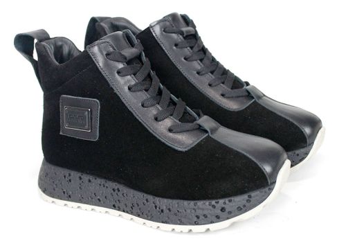 Alessia Vettori – Sneakers înalți de damă din piele întoarsă și piele naturală, negri | PESHTERA™