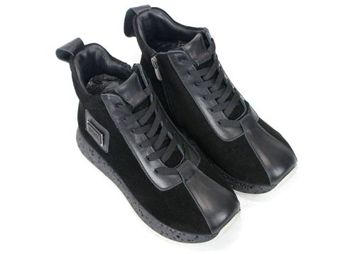 Alessia Vettori – Sneakers înalți de damă din piele întoarsă și piele naturală, negri | PESHTERA™
