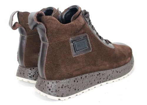 Sneakers înalți damă din piele întoarsă și piele naturală maro închis – Alessia Vettori