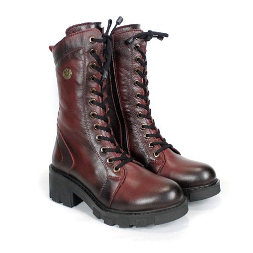 Women's Velluto Ombra Burgundy Genuine Leather Combat Boots with Laces, Side Zipper and Warm Plush Lining