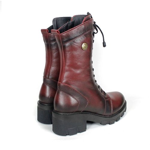 Women's Velluto Ombra Burgundy Genuine Leather Combat Boots with Laces, Side Zipper and Warm Plush Lining