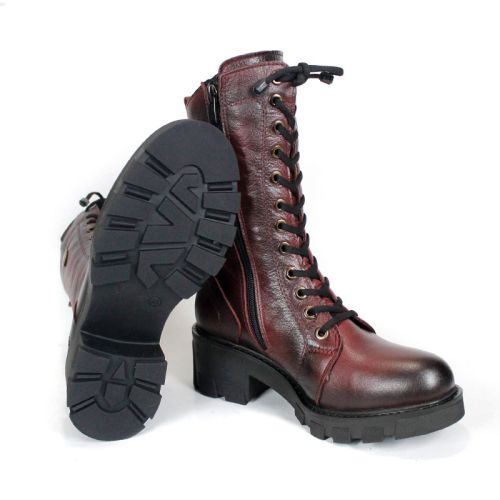 Women's Velluto Ombra Burgundy Genuine Leather Combat Boots with Laces, Side Zipper and Warm Plush Lining