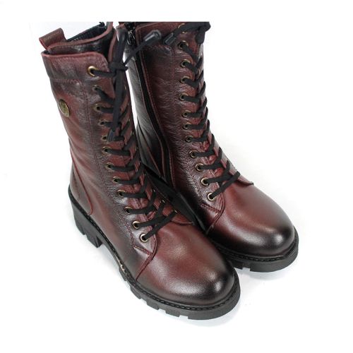 Women's Velluto Ombra Burgundy Genuine Leather Combat Boots with Laces, Side Zipper and Warm Plush Lining