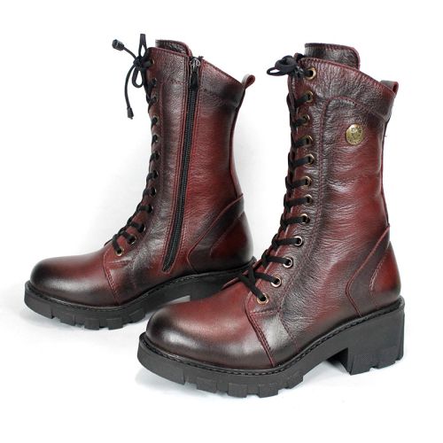 Women's Velluto Ombra Burgundy Genuine Leather Combat Boots with Laces, Side Zipper and Warm Plush Lining