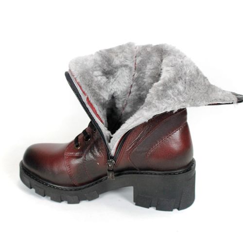 Women's Velluto Ombra Burgundy Genuine Leather Combat Boots with Laces, Side Zipper and Warm Plush Lining