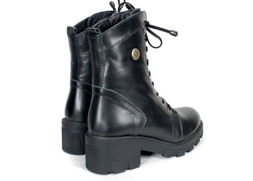 Valeria Montoro Women's Black Genuine Leather Combat Boots with Warm Lining, Elastic Laces and Side Zipper