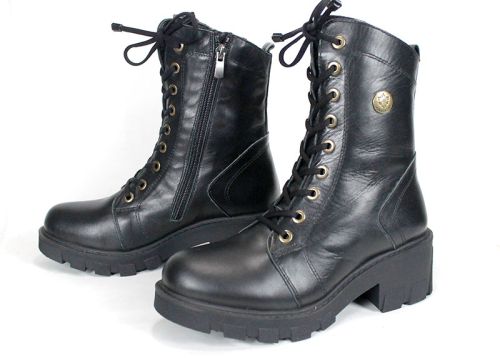Valeria Montoro Women's Black Genuine Leather Combat Boots with Warm Lining, Elastic Laces and Side Zipper