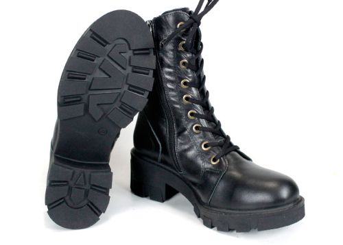 Valeria Montoro Women's Black Genuine Leather Combat Boots with Warm Lining, Elastic Laces and Side Zipper