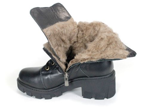Valeria Montoro Women's Black Genuine Leather Combat Boots with Warm Lining, Elastic Laces and Side Zipper