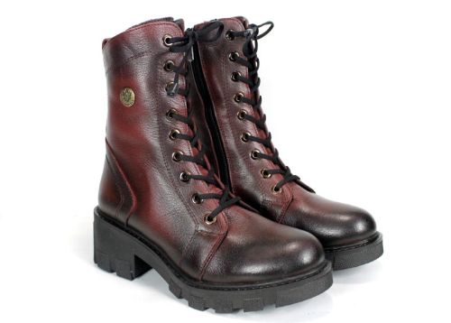 Valeria Montoro Women's Burgundy Genuine Leather Winter Boots with Elastic Laces, Side Zipper and Chunky Sole