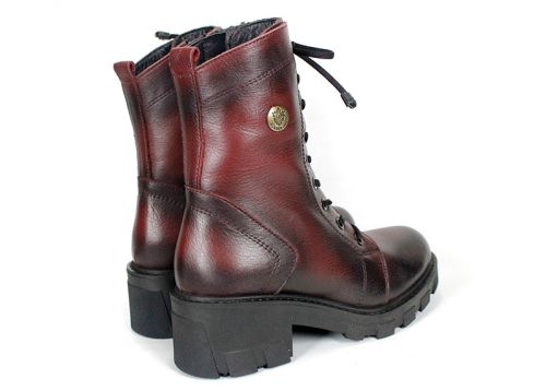 Valeria Montoro Women's Burgundy Genuine Leather Winter Boots with Elastic Laces, Side Zipper and Chunky Sole