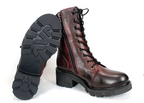 Valeria Montoro Women's Burgundy Genuine Leather Winter Boots with Elastic Laces, Side Zipper and Chunky Sole