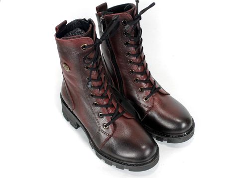 Valeria Montoro Women's Burgundy Genuine Leather Winter Boots with Elastic Laces, Side Zipper and Chunky Sole