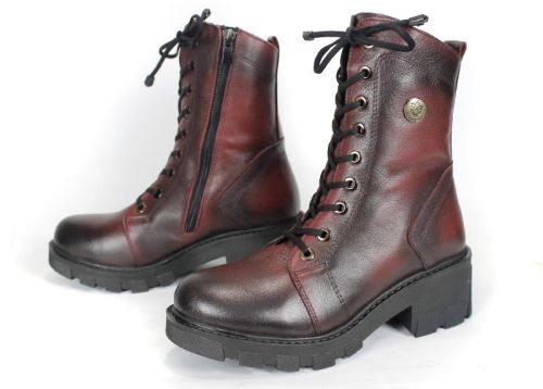 Valeria Montoro Women's Burgundy Genuine Leather Winter Boots with Elastic Laces, Side Zipper and Chunky Sole