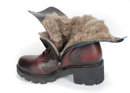 Valeria Montoro Women's Burgundy Genuine Leather Winter Boots with Elastic Laces, Side Zipper and Chunky Sole