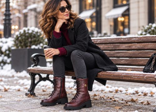 Valeria Montoro Women's Burgundy Genuine Leather Winter Boots with Elastic Laces, Side Zipper and Chunky Sole