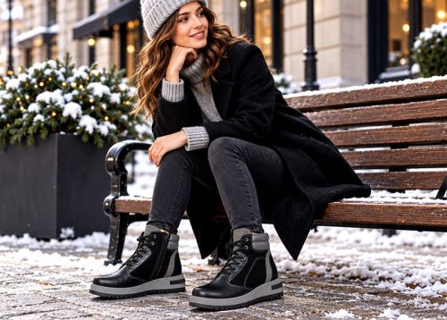 Sofia Bellini – Ghete damă călduroase din piele naturală și nubuc negru, cu șireturi, fermoar și talpă profilată